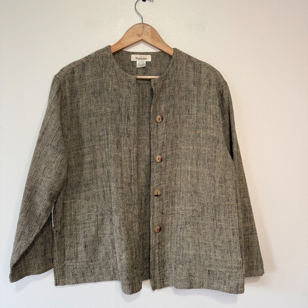 Sangam Womens Small Grey Textured‎ 100% Cotton Button Front Collarless Jacket